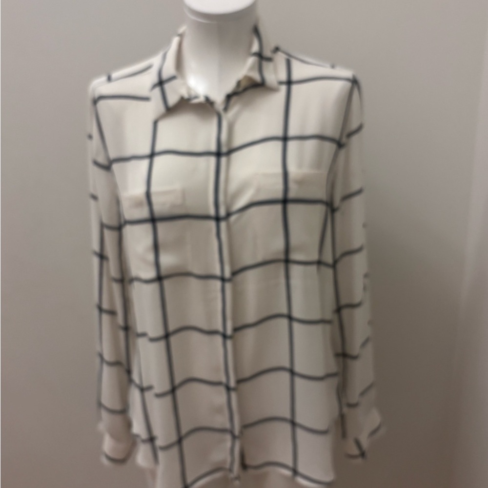 LOFT Cream and Black Grid Button Down Shirt